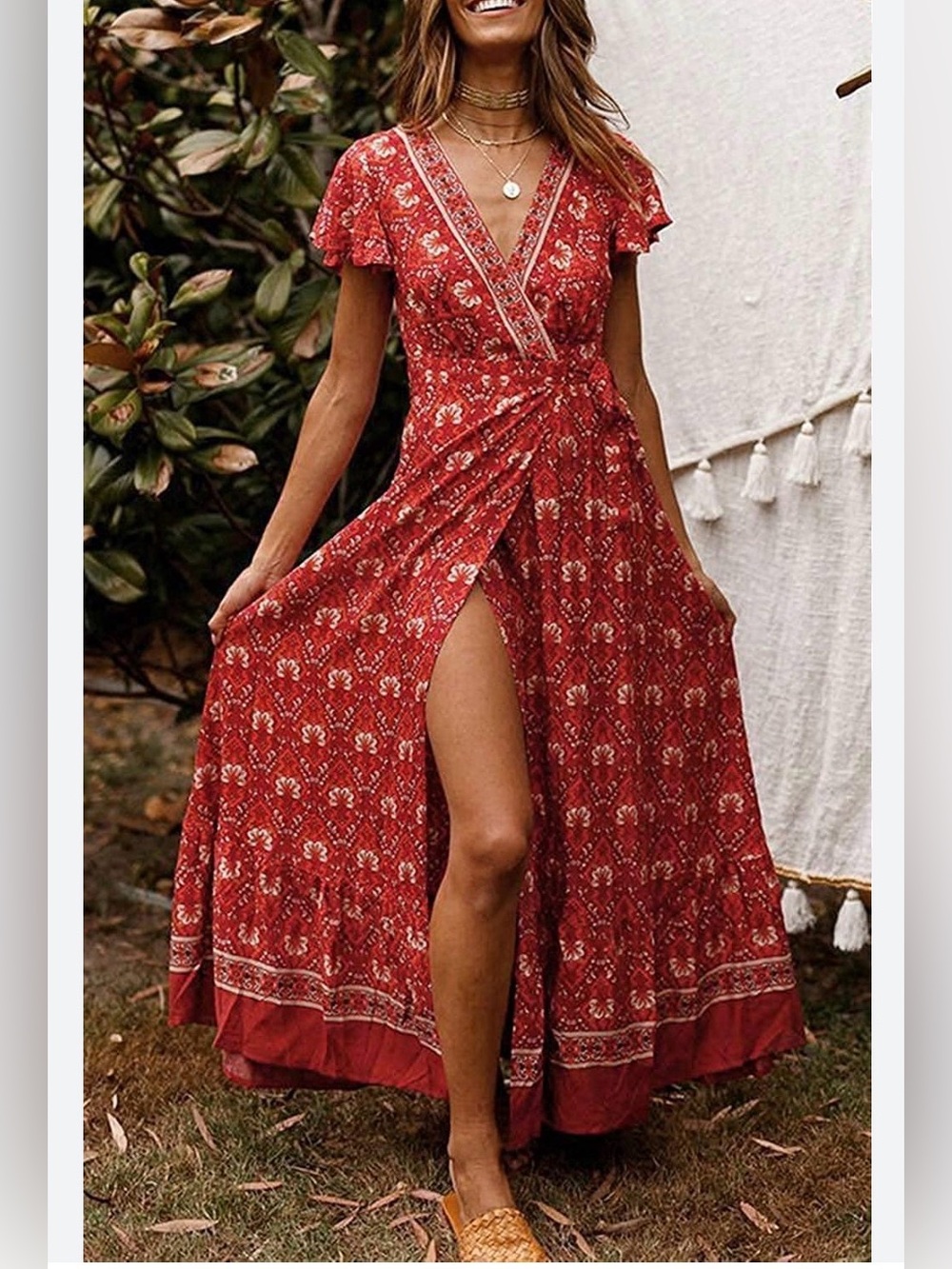 Prettygarden Red Floral Wrap Maxi Dress in Women’s XL
